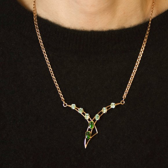 Vintage 14K Gold Chrome Diopside & Beryl Gemstone Necklace w Appraisal Report - Picture 1 of 9